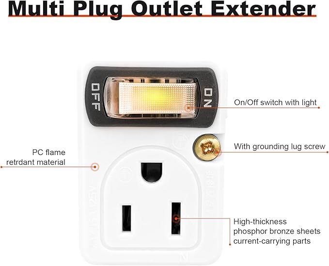 SYCON Adapter Outlet Extender with Night Light, Wall Outlet with Switch on off, Outlet Splitter with 2 Outlets