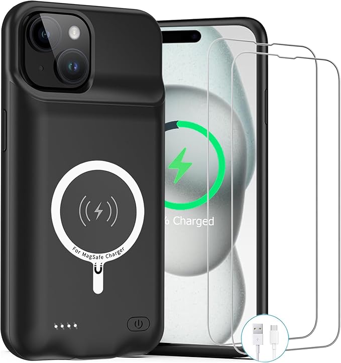 Battery Case for iPhone 15 Plus, 12000mAh Rechargeable Portable Charging Case with Wireless Charging Compatible for iPhone 15 Plus (6.7 inch) with Carplay Extended Battery Pack Charger Case (Black)