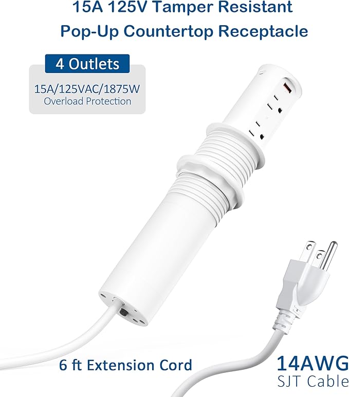 Pop up Outlet for Countertop,2.5-inch Hole Desktop Power Grommet,Recessed Power Strip,20W USB C Fast Charging,4 Outlets 4 USB Ports,15Amp Tamper Resistant Receptacle,White