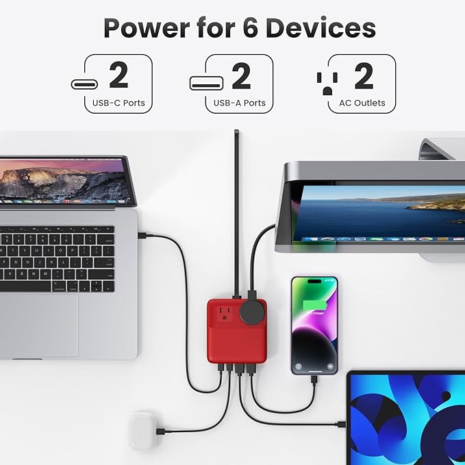 USB C Charger Block,135W GaN IV Fast Charging Station Hub,6-in-1 USB C Power Strip with Flat Plug and 5ft Cord,2 AC,2 USB A,2 USB C,PD 65W Laptop Charger for MacBook Air/Pro,iPhone16/15,Samsung-Red