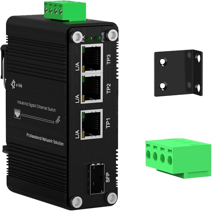 Mini Throncom 4 Ports Gigabit Industrial Fiber Ethernet Solar Switch Hardened 10/100/1000Mbps with 100/1000M Adaptive SFP Slot Din Rail/Wall Mount Solar Power/VoIP/RV Truck 12-48VDC LNK-IMC103G-SFP