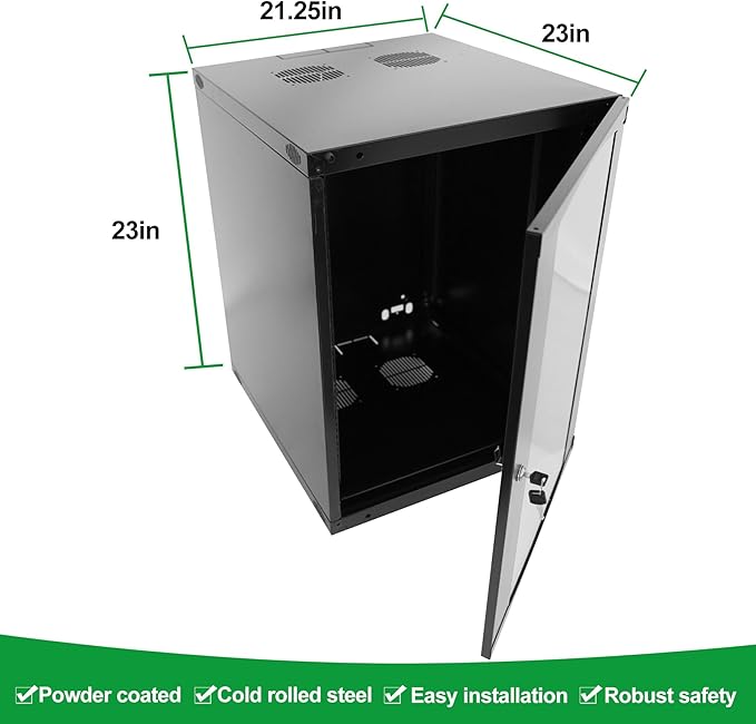 9U Server Cabinet Wall Mount Rack Enclosure with Caster Wheels 2 Server Fans Locking Glass Door Removable Side Panels 19" Network Cabinet 15-18.5" Installation Depth Heavy-Duty Frame(23INCH, 9U)
