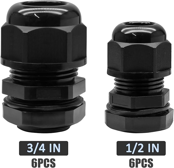 12 Pcs Nylon Cable Glands, Black Strain Relief Cable Cord Connector IP68 Waterproof Junction Box Wire Protectors Adjustable (6 Pcs 3/4" NPT + 6 Pcs 1/2" NPT)