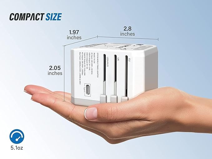 EPICKA Universal Travel Adapter, European Travel Plug Adapter - International Power Adapter Worldwide Charger with USB-C & 4 USB-A Ports, Travel Essentials for Italy, Japan, Europe, UK (TA-105, White)