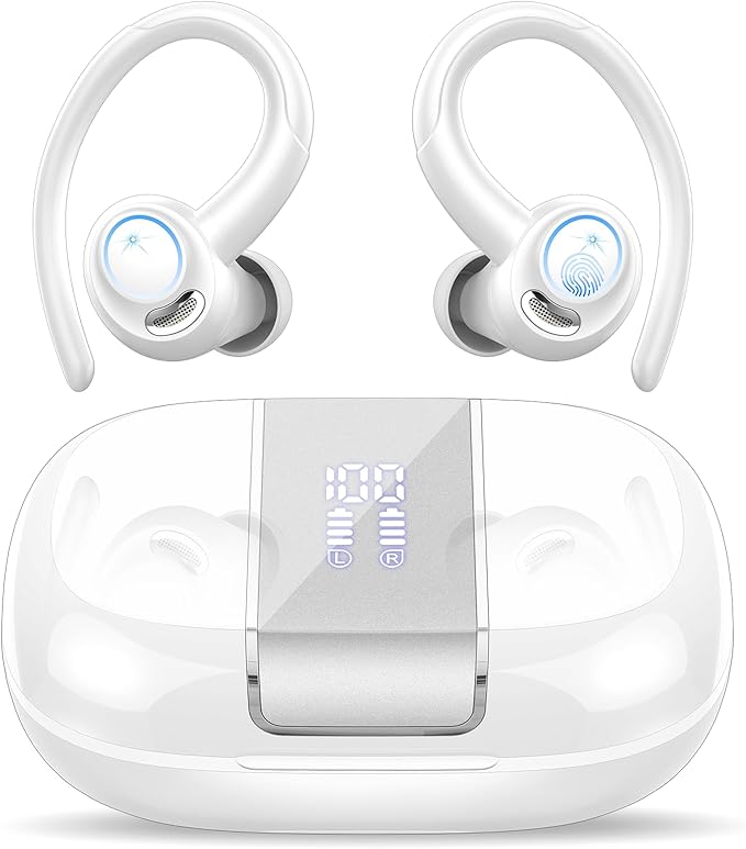 Wireless Earbuds Bluetooth 5.3 Headphones Sports, 48Hrs Playtime Bluetooth Earbuds with CVC 8.0 Mic, 2025 Stereo Bass Over Ear Bud with Earhooks, LED Display, IP7 Waterproof Earphon for Running White