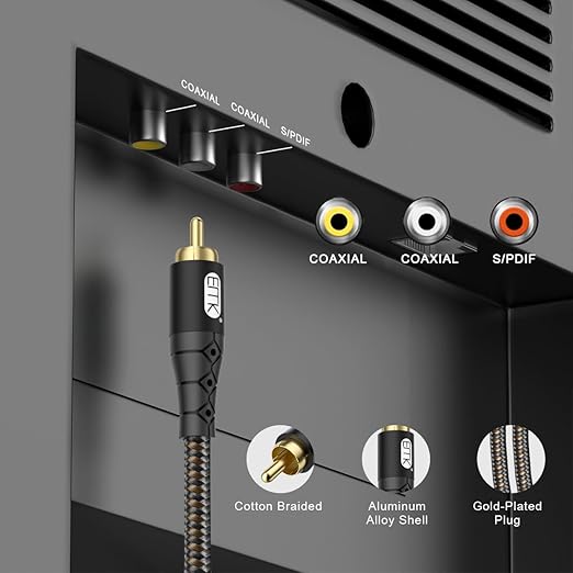 EMK RCA to RCA Subwoofer Cable – 24K Gold-Plated Connector Nylon Braided Double Shielded Audio Cable Digital&Analog Signal Support for Amplifiers Subwoofer Home Theater Hi-Fi Systems Black/15ft/5m