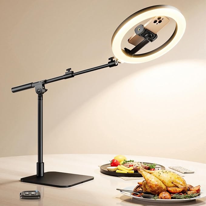 Ring Light with Stand for Desk,Adjustable Overhead Camera Mount with 10" Ring Light Tripod for iPhone,Phone Tripod with Light and Remote Phone Holder for Video Recording,Live Stream,Cooking Video