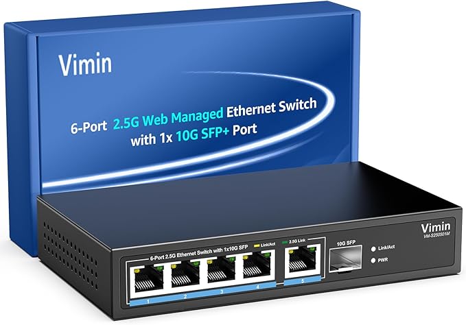 5 Port 2.5G Base-T Smart Web Ethernet Switch Managed with 10Gbps SFP Port, Compatible with 100/1000/2500Mbps Network, VIMIN 6-Port 2.5 Gigabit Managed Network Switch for 2.5G NAS, PC, Wireless AP
