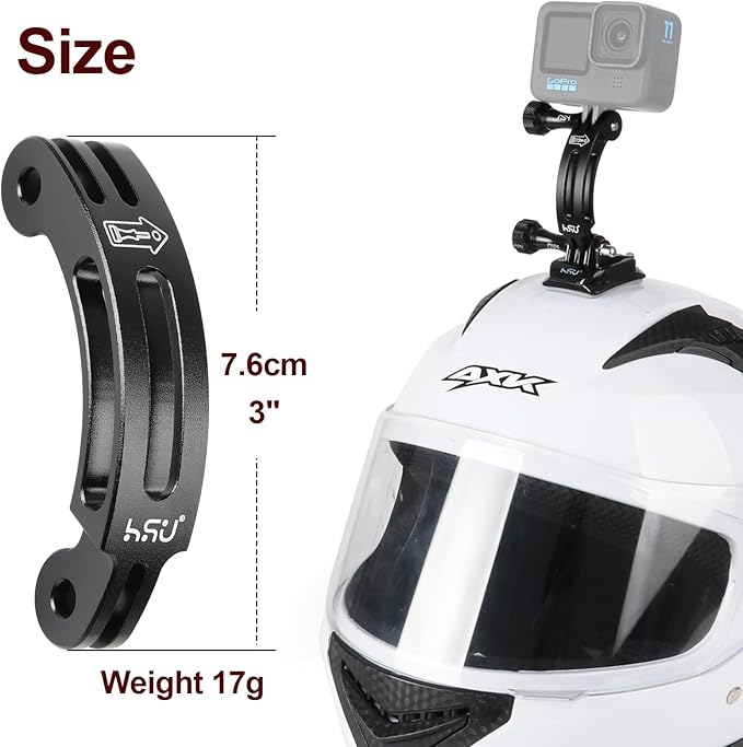 HSU Aluminum Alloy Curved Extension Arm (3”) Metal Pole Mount Helmet Stick Extension Arm Mount for Hero 13/12/11/10/9/8/7/6 Black, DJI Osmo Action 4/3 and More Action Cameras (Black)