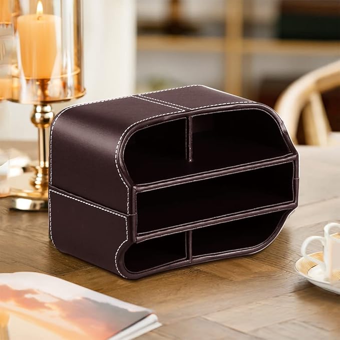 Fanousy 360° Rotating Remote Control Holder, PU Leather TV Remote Caddy Organizer Basket Storage Box with 5 Compartments for Pen, Pencil, Art Supplies, Makeup Brush, Office Desk Table Accessories