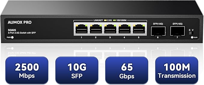 7 Port 2.5Gb Unmanaged Ethernet Switch with 5* 2.5G Base-T Ports, 2*10G SFP Ports, AUMOX PRO 65 Gbps Vlan Switching Capacity Compatible with 100/1000/2500Mbps Plug and Play