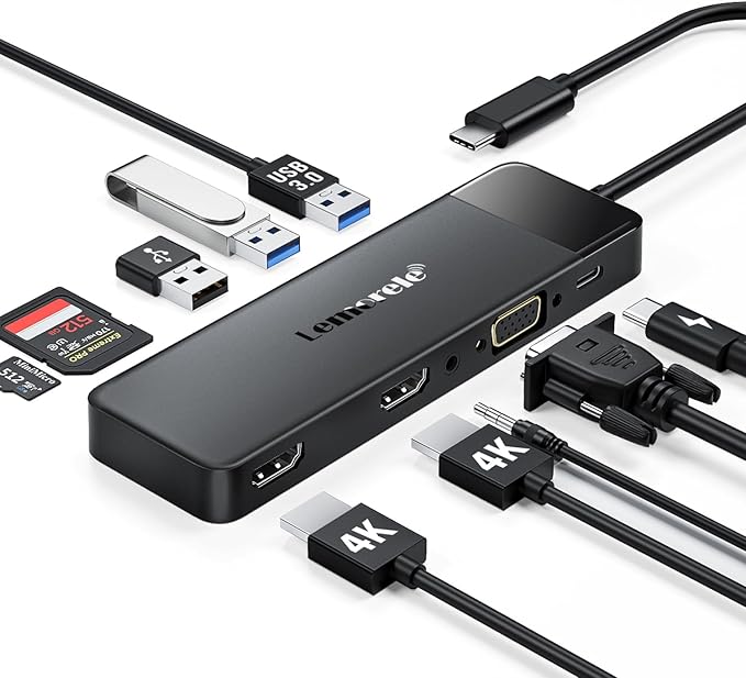 Lemorele USB C Docking Station for Laptop, 10 in 1 Triple Display Monitors Adapter w/4K Dual HDMI, 1080P VGA, 3 USB3.0/2.0, TF/SD 2.0, 3.5mm Audio, 100W PD, for MacBook, HP, Dell, Lenovo, Surface