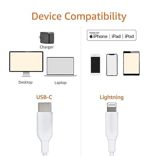 Amazon Basics USB-2.0 Type C to Lightning Cable (MFi Certified), 3 Feet, White