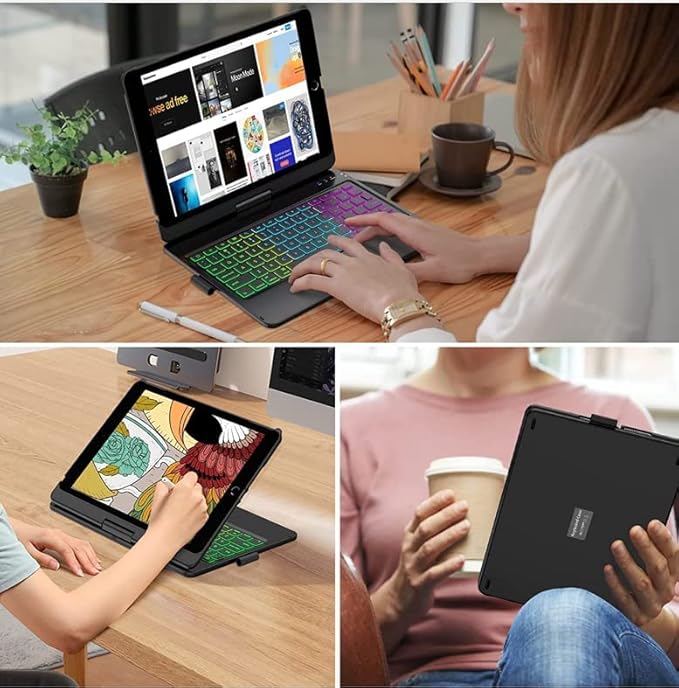 Keyboard Case for iPad 10.2 9th/8th/7th Gen, Rotating Case for iPad9/iPad8/iPad7 with Backlits Touchpad Keyboard-360° Rotatable Smart Cover with Pencil Holder, Rose Gold