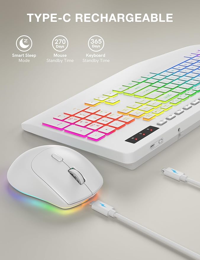 Wireless Keyboard and Mouse Backlits, Wrist Rest, LED Mouse, Rechargeable Ergonomic Keyboard with Phone Holder, Silent Light Up Combo for Computer, Mac, PC, Laptop, Chromebook (White)