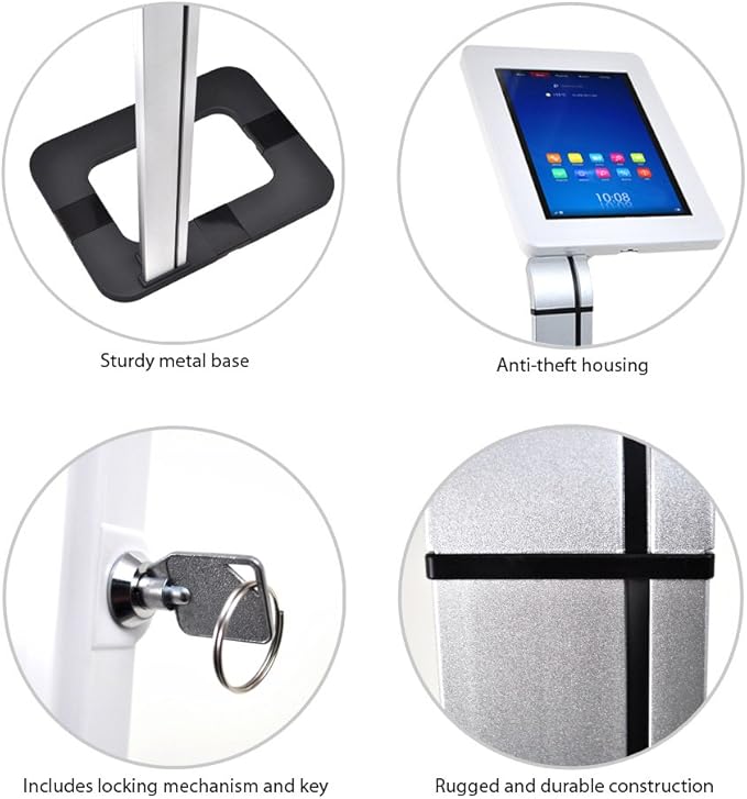 Pyle Tablet Metal Security Stand Holder, Adjustable Clamp-Style Arm, Fits iPad and Other Tablets, Works with Key, Anti-Theft Design, Floor Standing, 7.4" x 10.2"