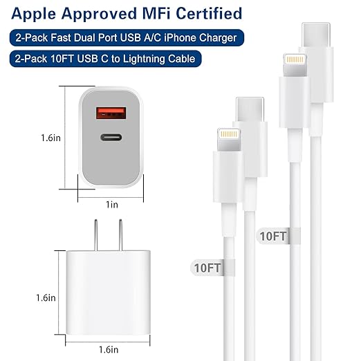 Fast Charger iPhone, Dual Port A/C Charging Adapter, 2Pack Quick Double Wall Charger Block, Apple Charger Block 10FT USBC to Lightning Cable for iPhone 14/13/12/11/ProMax/XS/XR