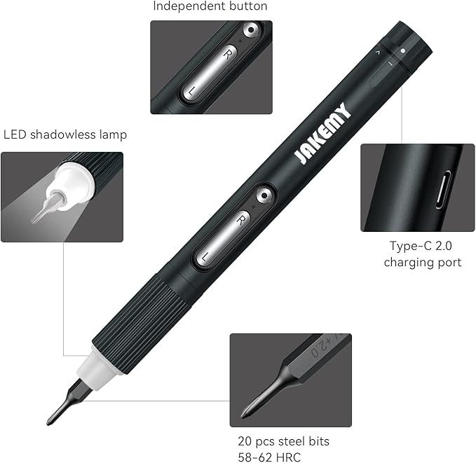 Compact Electric Screwdriver Set, JAKEMY Adjustable 3 Torque Cordless Screwdriver Set for Phone, Rechargeable Mini Power Screwdriver Kit for Electronics Repair with Shadowless LED Lamp
