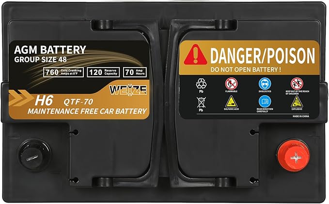 Weize Platinum AGM Battery BCI Group 48-12v 70ah H6 Size 48 Automotive Battery, 120RC, 760CCA, 36 Months Warranty, Dimensions 10.94" L x 6.89" W x 7.48" H