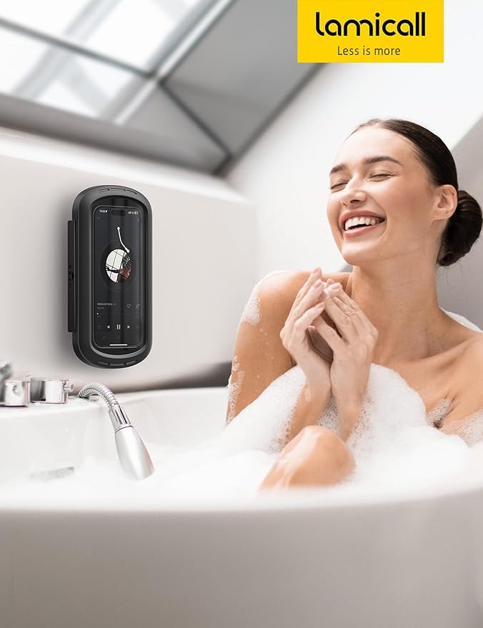 Lamicall Shower Phone Case Holder Waterproof - Clear Sound with Speaker Hole, Shower Bathroom Bathtub Accessories, IPX6 Waterproof Wall Mount for iPhone 16 Pro Max, S25 Ultra, 4-7" Big Phones