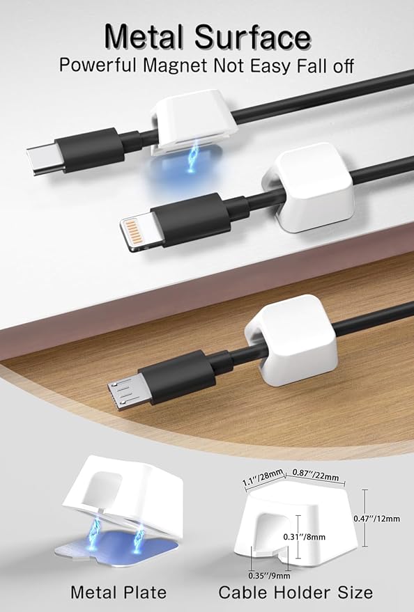 Viaky 8 Pack Magnetic Cable Clips, Large Size Under Desk Cable Management, Workspace Charger Organizer,Cord Holder with Adhesive Metal Disc, Office Desk Accessories for Nightstand Car Wall (White)