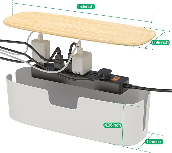 Large Cable Management Box - Cord Organize Box with Bamboo lid for Safe Home & Office, Cord Hider for Power Strip Under Desk, Cover TV Wires, Child & Pet Proof Cord Box, White