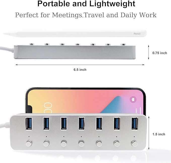 USB 3.0 Hub 7 Port USB Hub with 2ft Long Cable Aluminum USB Hub for Laptop and PC with Individual On/Off Switch and LED Indicator