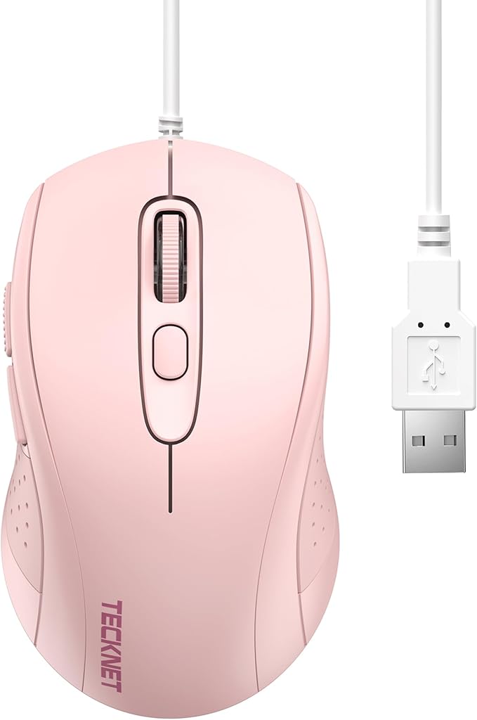 TECKNET USB Wired Mouse, 3600DPI Corded Computer Mouse with 4 Adjustable Levels, 6-Button 5FT Cord Ergonomic Mice, Home and Office Mouse for Laptop PC Desktop Notebook - Pink