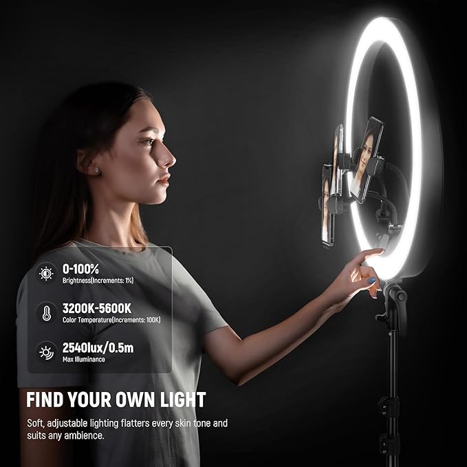 NEEWER RP19H 19" Ring Light with Tripod Stand/3 Phone Holders/Cleaning Cloth Compatible with iPhone, 2.4G Touch Control LED Ringlight for Video Recording Studio Streaming Zoom Selfie Makeup Lighting
