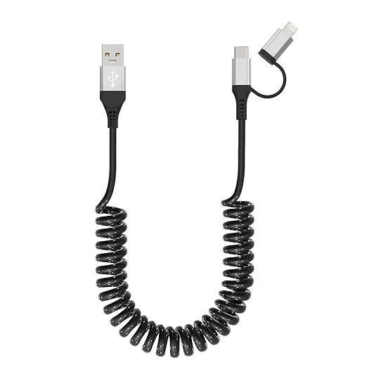 USB to USB-C and Lightning Cable 2 in 1 Coiled Cable Support Aple Carplay & Android Auto [MFi & 3A Fast Charge & Data Sync] Coiled Lightning and USB C Cable for iPhone 17/16/15/14/13/Android, Silver