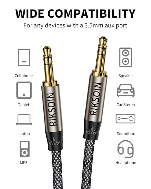 3.5mm Nylon Braided Aux Cable 4FT, Silver-Plated Wire Core Male to Male Cord for Headphones Car Home Stereos Speaker Compatible with iPhone iPad iPod Echo More