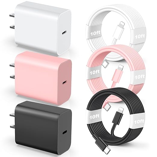 Compatible with iPhone 14 13 12 Charger, 20W Fast Charging Wall Charger,10 FT USB ightning Cable,Phone Charger Cord for Phone 14/13/12/12 Pro Max/11/Xs Max/XR/X,AirPods Pro and More(White/Pink/Black)