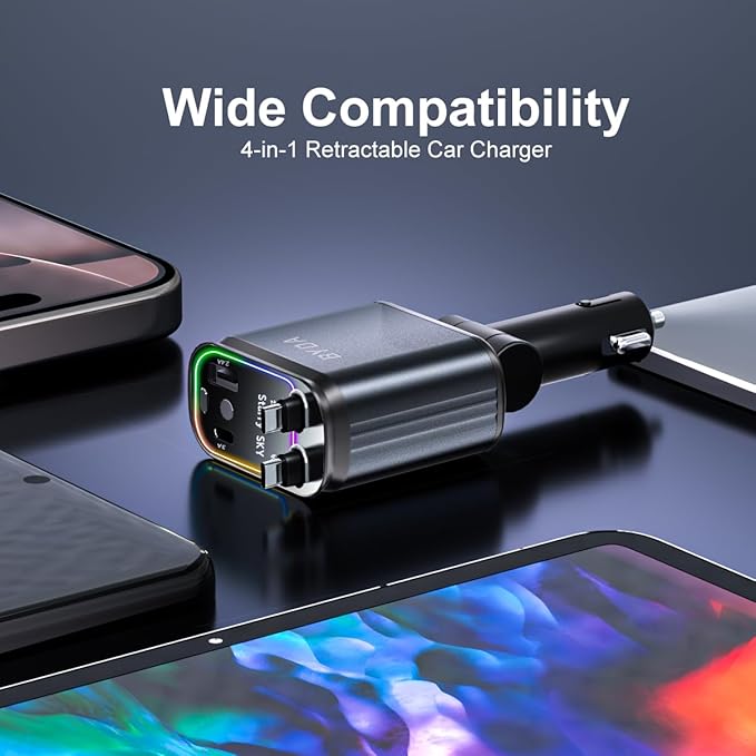 4 in 1 Retractable Car Charger for iPhone,69W USB-C Fast Car Charger with Starry Light, for Car Charger Adapter iPhone16/15/14/13/12,Android,Pixel,Cigarette Lighter Adapter(ForLightning+USB-C)