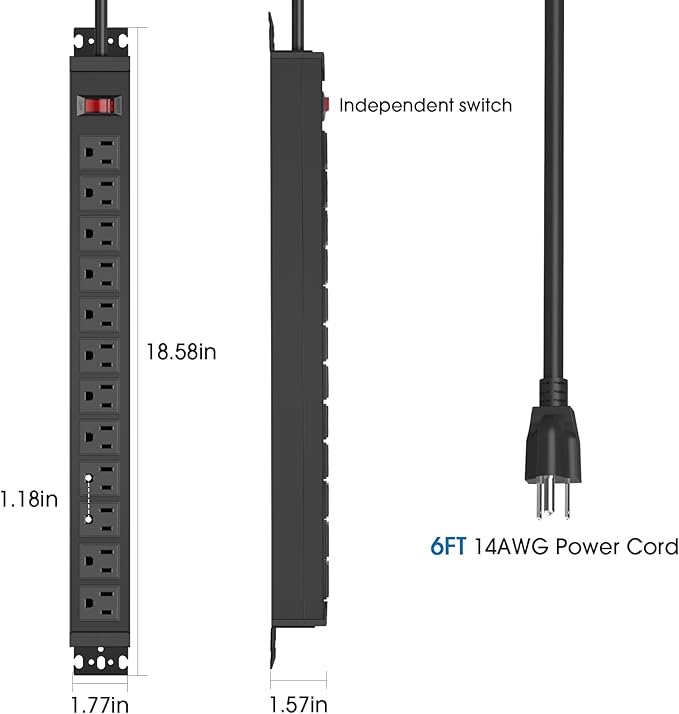 2Pack Rotating Mountable Power Strip, 12 Outlet Wall Mount Surge Protector, Metal Heavy Duty and Versatile Outlet Strip, Stylish Appearance, Sturdy and Durable, 6ft Power Cord.(Black)