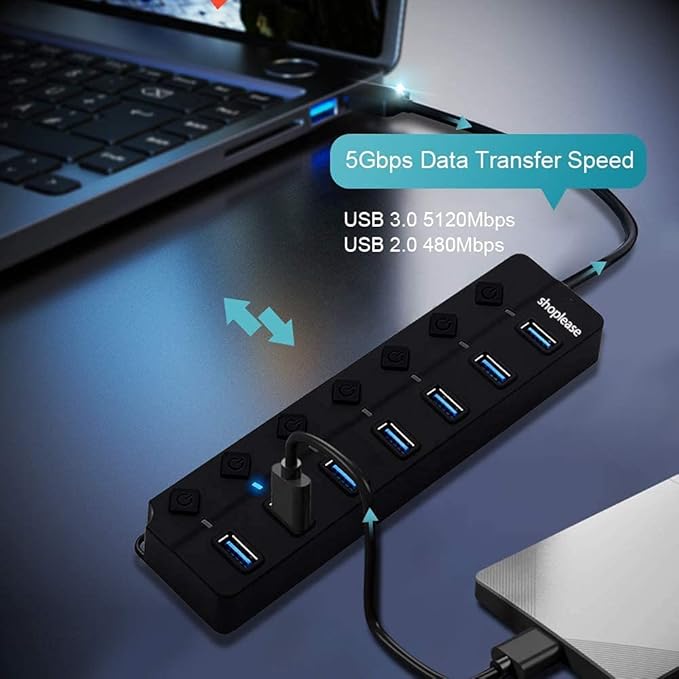 7-Port USB 3.0 Hub with Individual Power Switches and Lights, High-Speed Data Hub Splitter Portable USB Extension Hub with 120 cm Cable for PC Laptop and Others