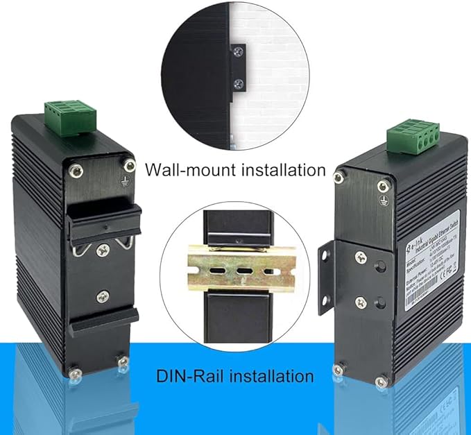 Mini Industrial 4 Port 10/100/1000Mbps Gigabit Ethernet Switch with SFP Din Rail/Wall-Mount 10/100/1000BASE-T RJ45 + 1 100/1000FX (SFP) Support 12-48V DC 10Gbps Switching Capacity