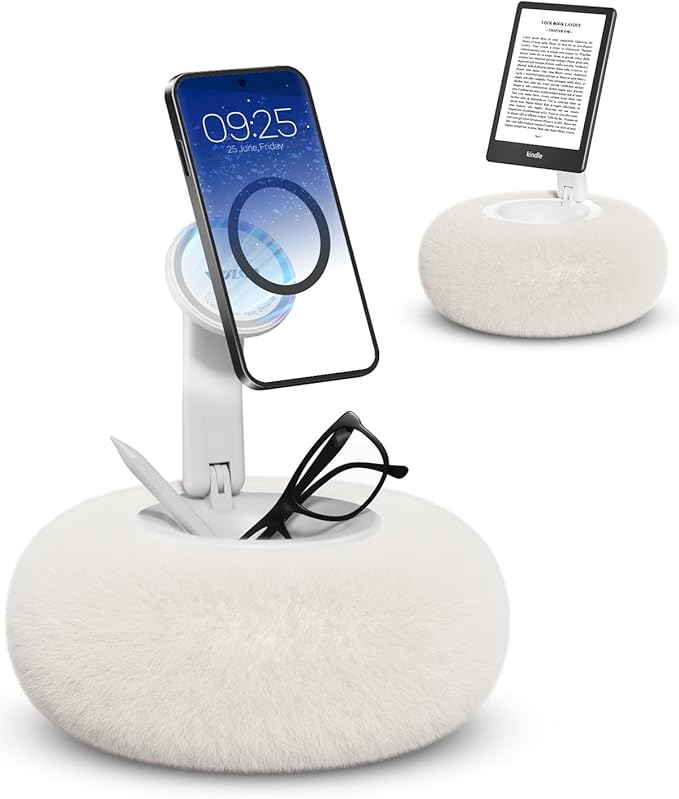 Viozon Phone Holder for Bed, Magnetic Pillow Stand, Compatible with 4-7" Phone/Kindle with Small Storage, Removable Suction Base for Stability, Idea for Kindle Reading and Video Watching On Bed,White