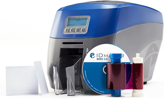 ID Maker Apex 2 Sided Card Printer Machine & Supply Kit for Badge Printing - Print Professional Quality Identification Badges - IDMaker Software, 300-Print Color Ribbon, 100 PVC Cards