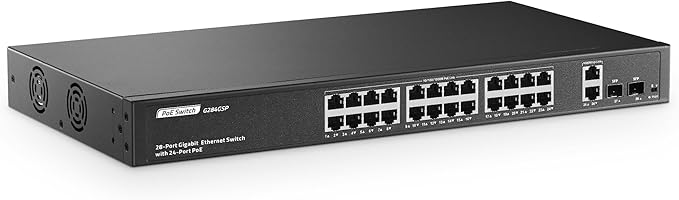 24 Port Full Gigabit PoE Switch with 2 GE Uplink, 2 Gigabit SFP, IEEE802.3af/at Max 400W, YuLinca Unmanaged Rackmount Switch with VLAN and AI Watchdog