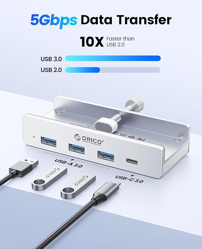 ORICO USB Hub 3.0, Clamp USB Hub with Extra Power Port, 3 USB-A Data Ports, USB-C Port for Monitors, Desks(Silver)