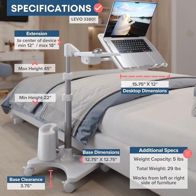 LEVO G2 Deluxe Adjustable Laptop Stand – Rolling Computer Desk & Ergonomic Table for Bed, Sofa, or Office – Portable Mobile Workstation with Tilt – Fits Devices up to 16″ - Silver & White