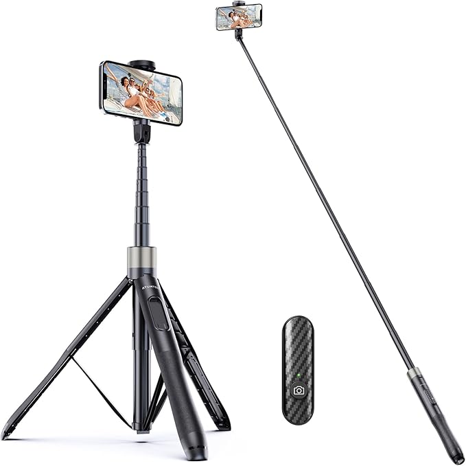 ATUMTEK 65" Selfie Stick Tripod, All in One Extendable Phone Tripod Stand with Bluetooth Remote 360° Rotation for iPhone and Android Phone Selfies, Video Recording, Vlogging, Live Streaming, Black