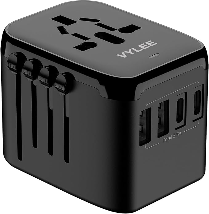 Universal International Power Travel Plug Adapter, 5 in 1 European Travel Plug Adapter W/ 3.5A 2xUSB-A and 2xUSB C Wall Charger and Worldwide AC Outlet for Europe USA UK AUS Asia