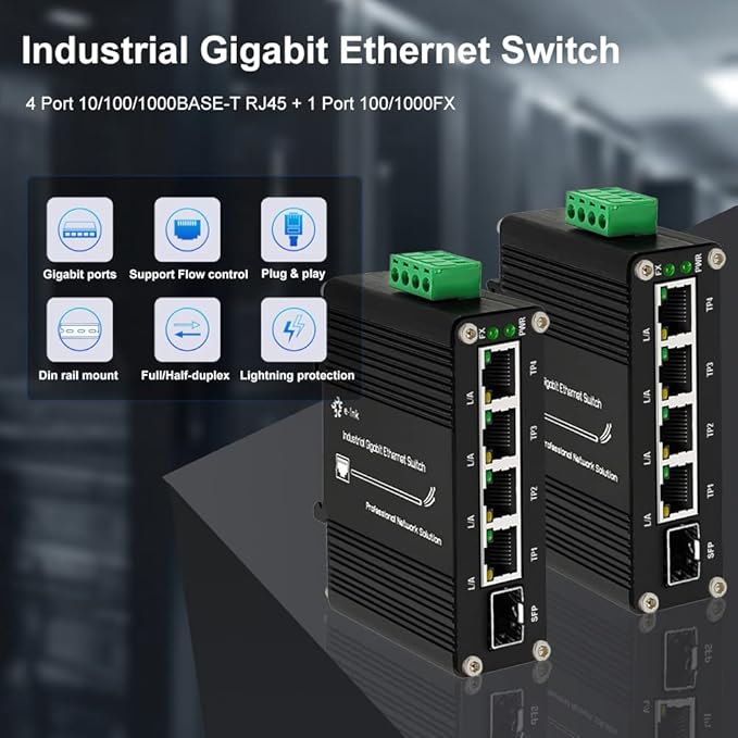 Mini Industrial 4 Port 10/100/1000Mbps Gigabit Ethernet Switch with SFP Din Rail/Wall-Mount 10/100/1000BASE-T RJ45 + 1 100/1000FX (SFP) Support 12-48V DC 10Gbps Switching Capacity