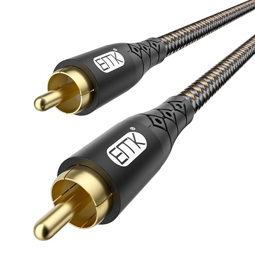 EMK RCA to RCA Subwoofer Cable – 24K Gold-Plated Connector Nylon Braided Double Shielded Audio Cable Digital&Analog Signal Support for Amplifiers Subwoofer Home Theater Hi-Fi Systems Black/10ft/3m