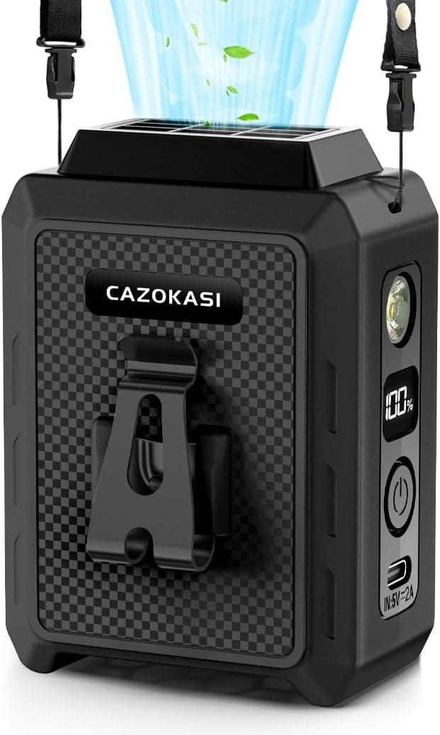 CAZOKASI Personal Waist Clip Fan Rechargeable Wearable Hand Free Wearable Cooler Fan for Traveling Working Outdoor Office (5000mAh / Black)