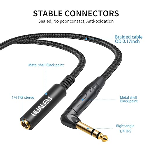 HUAELU 2Pack 6FT Right Angle 6.35mm TRS Stereo Male to Female Audio Cable,Right Angle 1/4 TRS Male to Female Stereo Headphone Guitar Extension Cable Cord for Mixer Headphone