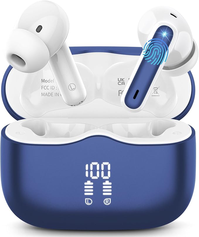 Wireless Earbuds, Bluetooth 5.4 Headphones in Ear with HiFi Stereo Deep Bass, 4 ENC Noise Cancelling Mic Wireless Earphones 40H, in-Ear Earbud Bluetooth Dual LED Display IP7 Waterproof, Dark Blue