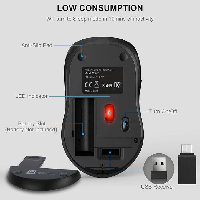 WisFox 2.4G Wireless Mouse for Laptop, Ergonomic Computer Mouse with USB Receiver and Type-C Adapter, 3 Adjustable Levels, 6 Button Cordless Mice for Windows Mac PC Notebook (Grey and Black)