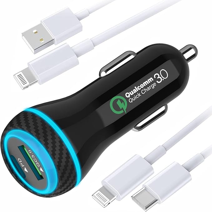 MOCA 51W QC 3.0 Fast Charging W/ 2pcs 3.3ft A-P/C-P Cable Car Charger for iPhone 16/15/14 Pro Max/Plus/16e, iPad, Samsung Galaxy S25/S24/S23 Ultra, Pixel, Android, PD/QC Car Phone Adapter Accessories